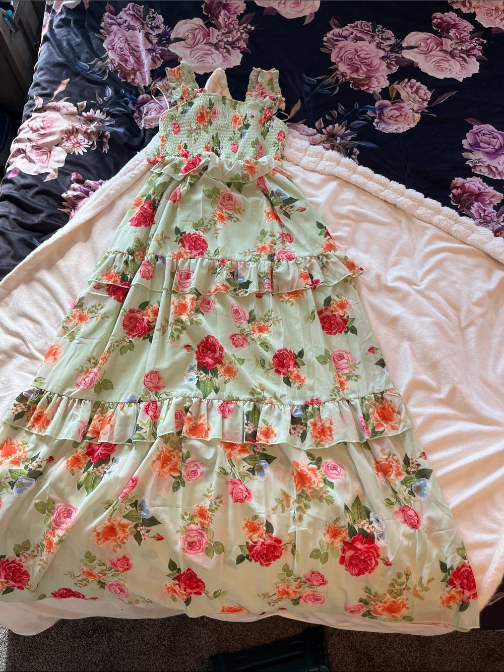 NWOT LOVE COLÉTTE Floral Smocked Maxi Dress - Green with Pink & Red Roses